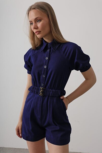 Trend Alaçatı Stili Women's Indigo Shirt Collar Gabardine Jumpsuit Vs00618