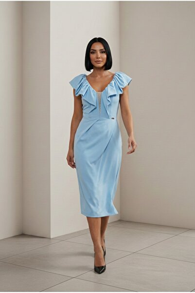 ALFUDO Moda Collection Rochie de seară midi cu guler volanat