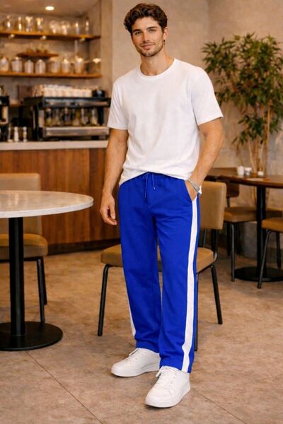 COOL TARZ بنطلون رياضي رجالي أزرق بلون الكوبالت مخطط برباط واسع ومريح للاستخد...