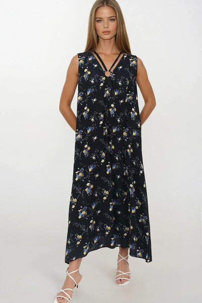 Trend Alaçatı Stili Women's Yellow Accessory Detailed Patterned Maxi Length D...