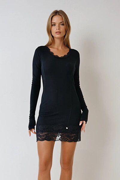 Trend Alaçatı Stili Mini rochie neagră pentru femei, cu decolteu în U, cu mân...