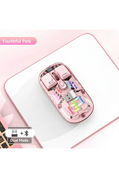 Merwish RGB Şeffaf Kablosuz Mouse Dual Mode USB Bluetooth Type C Şarjlı Pil G...