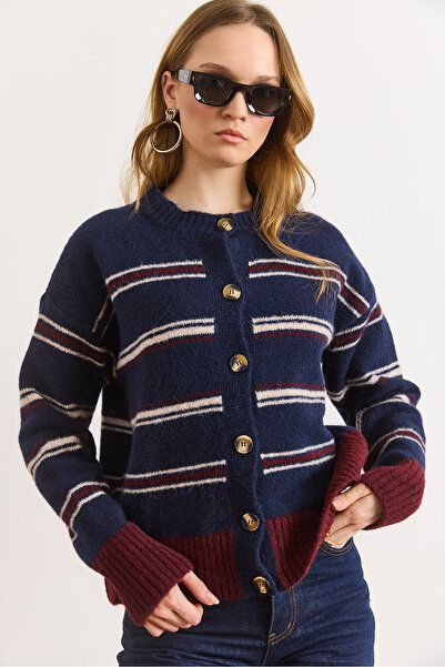 Olalook Women's Navy Blue Striped Buttoned Soft Textured Knitwear Cardigan Hr...