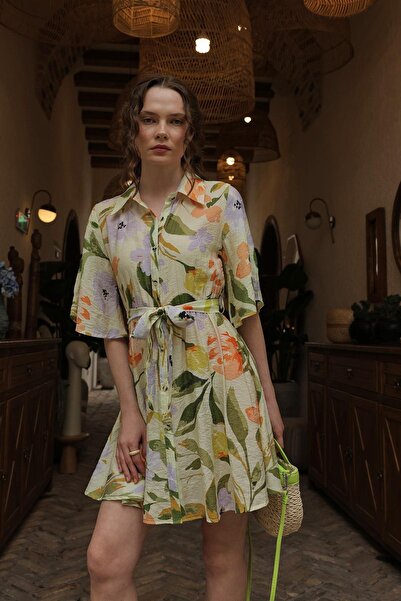 Trend Alaçatı Stili Women's Green Patterned Half Sleeve Dress Vs00607