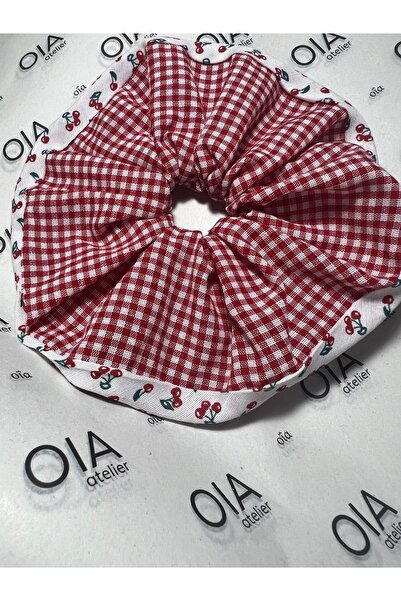 OIA Atelier Kiraz Kenarlı Pötikare Kırmızı Scrunchie Lastik Toka