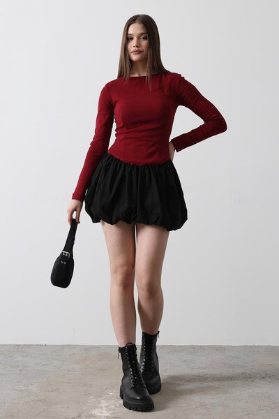 Trend Alaçatı Stili Women's Burgundy Balloon Skirt Dress Vs00487