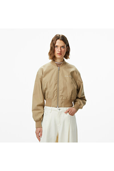 Tommy Hilfiger Nylon Regular Cropped Kadın Bej Bomber Ceket