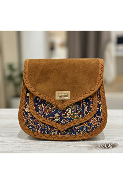 MissBag Kadın Süet El Yapımı Etnik Desenli Kilit Kapama Küçük Boy Askılı Taba...