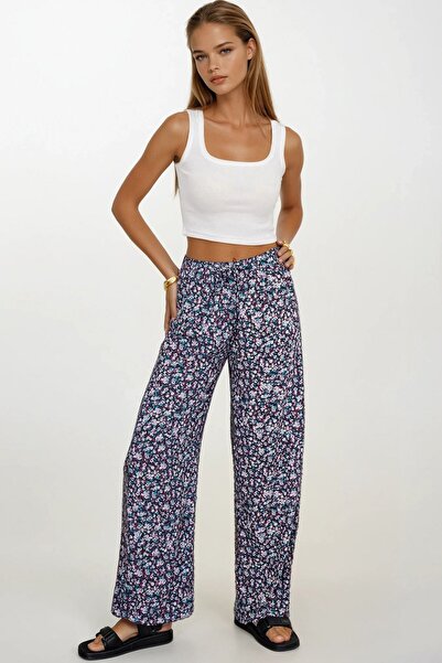 Trend Alaçatı Stili Women's Blue White Elastic Waist Lace-Up Patterned Viscos...