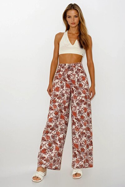 VAGGON Women's Cinnamon Waist Elastic Linen Palazzo Patterned Trousers Vs00219