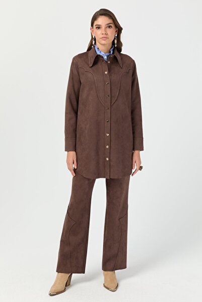 Esswaap Lazer Kesimli Çıt Çıt Kapamalı Süet Ceket Kahve