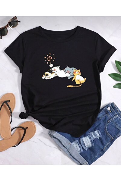 LELVANİ TRICOU NEGRU CU IMPRIMARE MODEL PISICĂ DORMITĂ PENTRU FEMEI