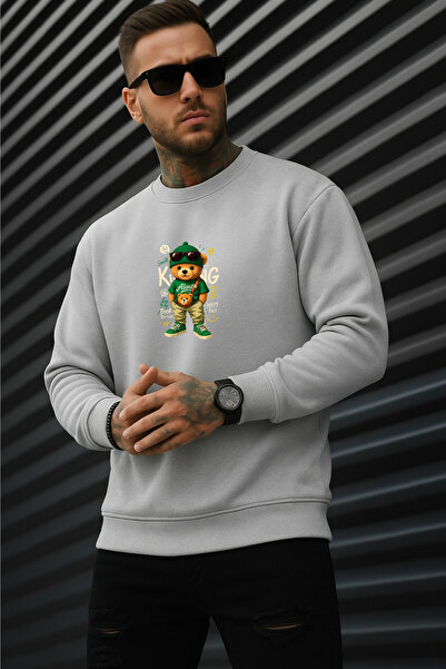 INFLUYENTE Men's Winter Cotton Bear King Printed Regular Crew Neck Sweatshirt