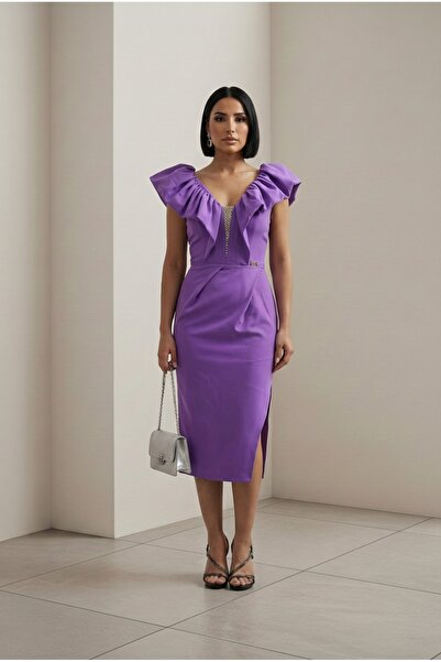 ALFUDO Moda Collection Flounce Collar Detailed Midi Evening Dress