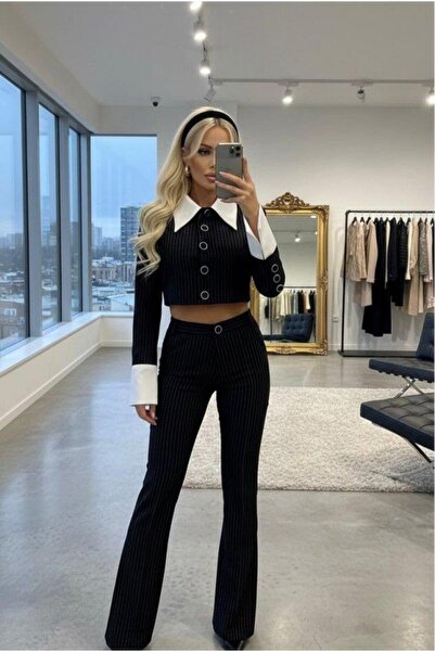 Aymood Women's Shirt Detail Checkered Jacket and Wide-Leg Pants Two-Piece Set