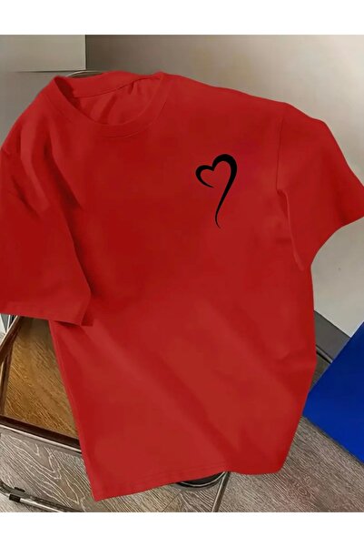 FUFLUNS Half Heart Small Print Oversized Crewneck T-Shirt