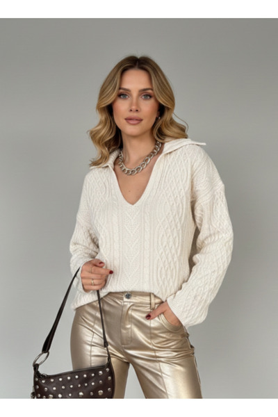 My Blog Cream Polo Neck Relaxed Fit Sweater - 231208