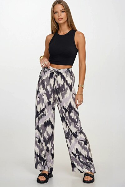 Trend Alaçatı Stili Women's Ecru-Black Elastic Waist Lace-Up Patterned Viscos...