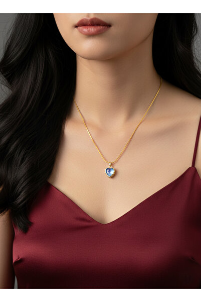 Elmosia Jewelry Blue Zircon Stone Steel Heart Necklace – Snake Chain, Tarnish...