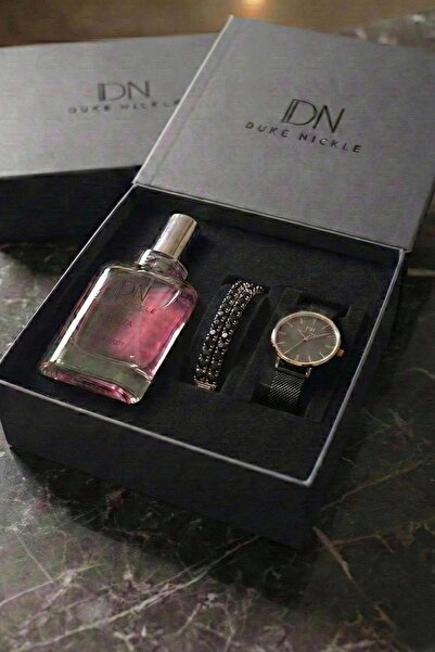 Duke Nickle Taşlı Bileklikli Siyah Hasır Kordon Kadın Kol Saati Parfüm Kutulu...