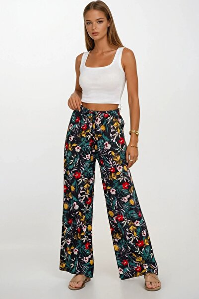 Trend Alaçatı Stili Women's Green Floral Elastic Waist Lace-Up Patterned Visc...