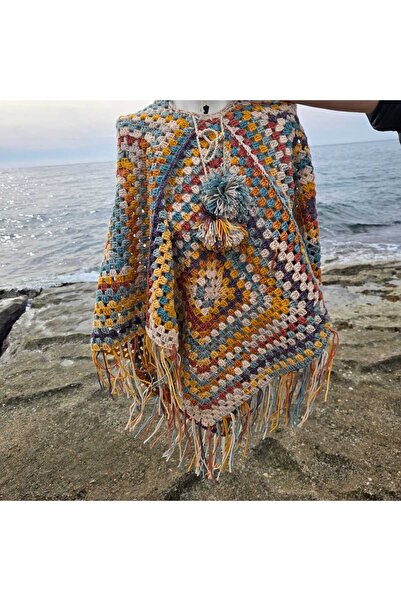 BohemCRAFTCK Motifli, Kapüşonlu ve Püsküllü Bohem Panço