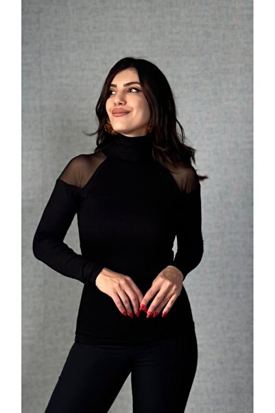 JANES Дамска блуза от вискозен плат с поло яка и тюл през рамо