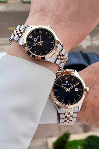 Daniel Klein Black dial rose silver band gift-wrapped couple's watch stiste35