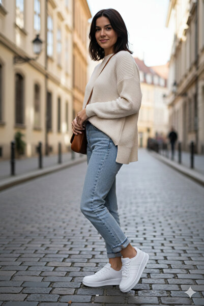 Deniz Terlik Pantofi sport eleganti, albi, cu șireturi, cu talpă confortabilă...