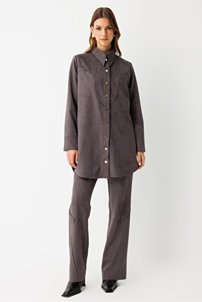 Esswaap Lazer Kesimli Çıt Çıt Kapamalı Süet Ceket Antrasit