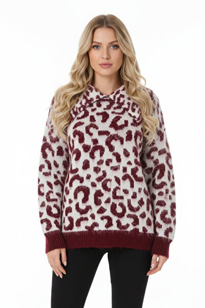 Stil Sepeti Women's Burgundy Turn-Down Collar Patterned Knitwear Sweater Ss-4...