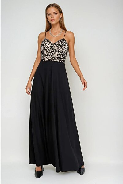 Trend Alaçatı Stili Women's Black Thin Strap Lace Detailed Butterfly Collar L...