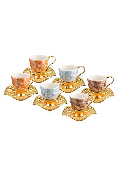 Generic Turkish Coffee Set for 6 People with Gold Metal Holders & Saucers – M...