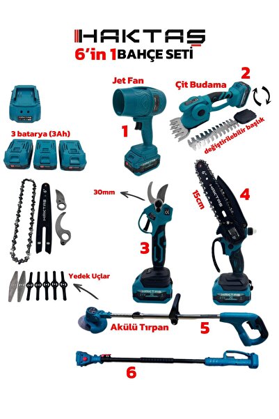 haktaş Profesyonel 6"lı Bahçe Seti - Full Aksesuar - 3 Batarya (10 Pilli)- 1 ...