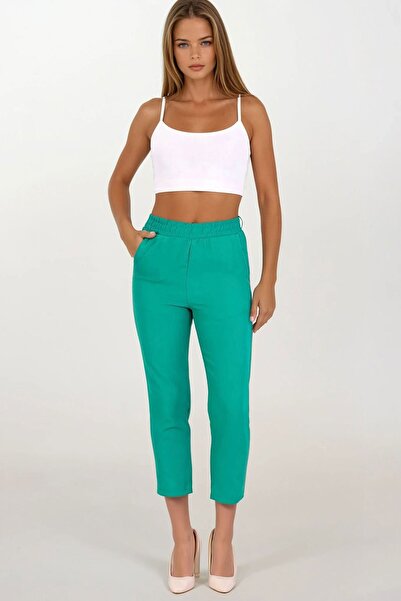 Trend Alaçatı Stili Women's Green Double Pocket Elastic Waist Carrot Pants Vs...