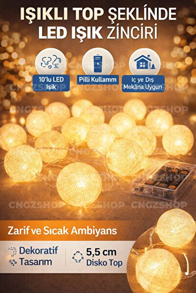 CNGZSHOP Işıklı Top Şeklinde Dolama Beyaz LED Süsleme | 10’lu Pilli Dekoratif...