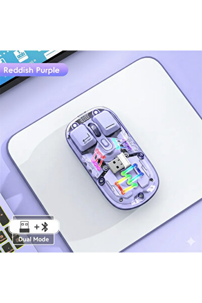 Merwish RGB Şeffaf Kablosuz Mouse Dual Mode USB Bluetooth Type C Şarjlı Pil G...