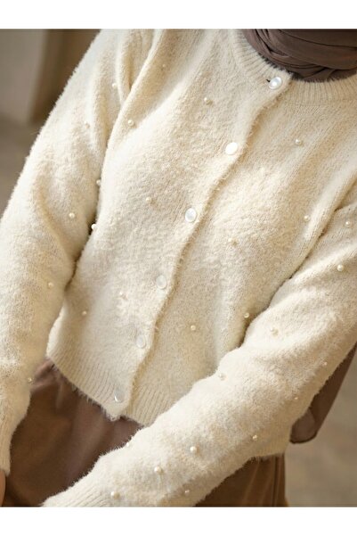 TrendParis Soft Textured Knitwear Cardigan with Pearl and Stone Embellishments