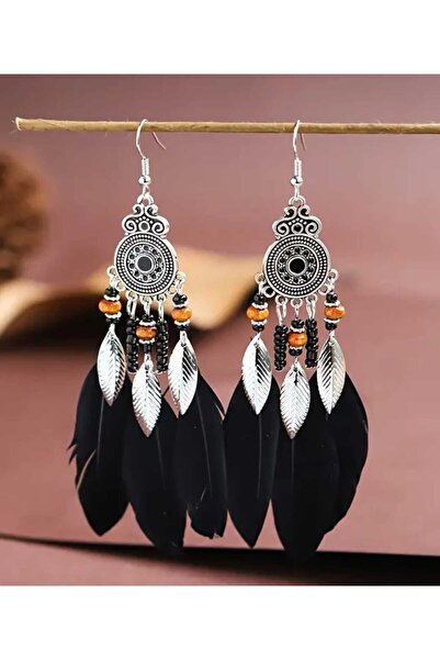 sarıyer silver أقراط متدلية من الريش الأسود المصنوعة من الفولاذ، أقراط تقليدي...