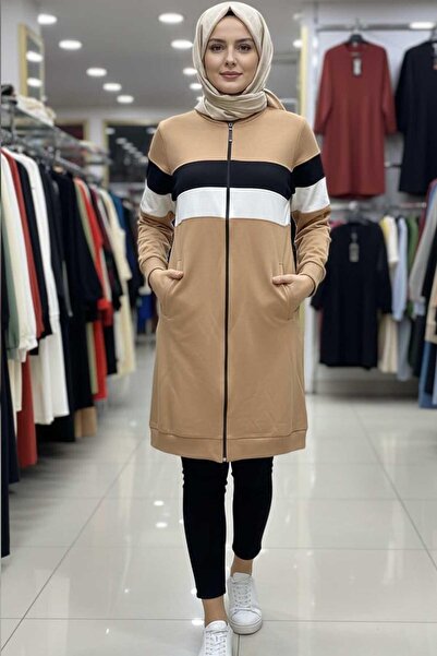Tesettür Diyarı Căciulă hijab colorblock cu fermoar pentru femei - Bej