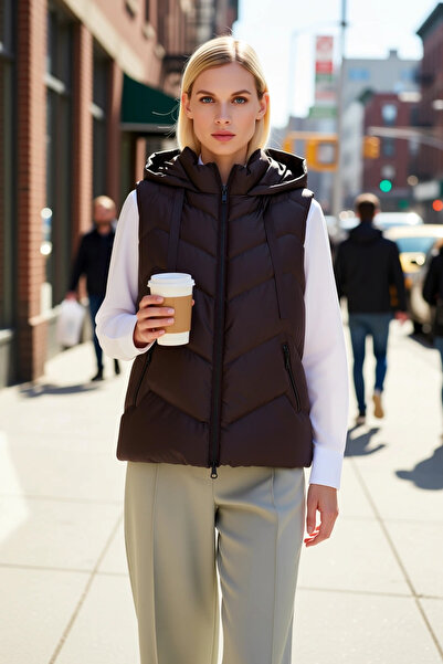 BENERLY Women's Large Size Hooded Sleeveless Regular Fit Woven Vest Plain Pat...