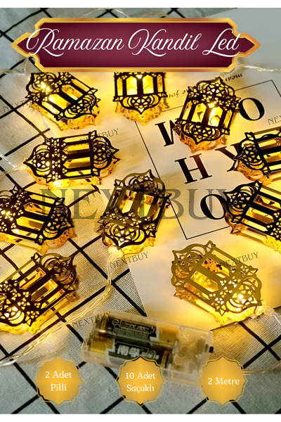 nextbuy Ramazan Kandil Temalı Metal Led Işık 2x Pilli 10 Saçaklı Cam Perde De...