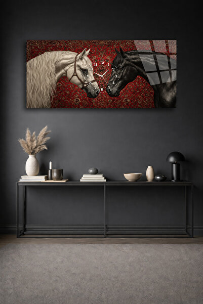 Olinpa KIRILMAZ CAM DUVAR SAATİ , HEM TABLO HEM SAAT BEYAZ VE SİYAH ATLAR KLA...