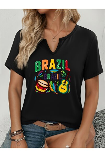 mercoledi Women's Brazil Printed Half V-Neck Sleeves Regular Fit Casual T-Shirt