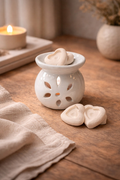 memyap Buhurdanlık Beyaz Seramik + Vanilya Kokulu Kalp Şeklinde Katı Esans Se...