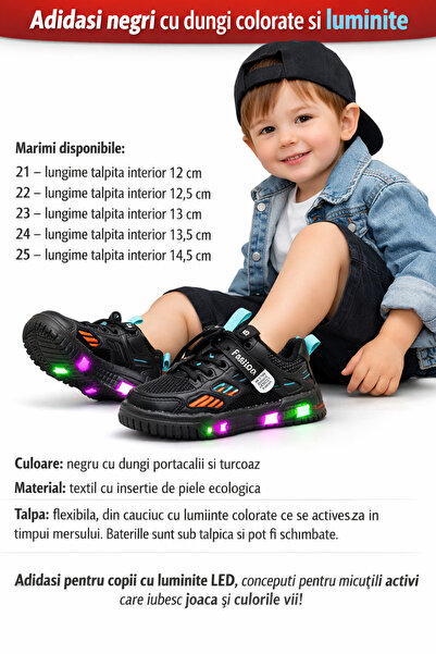 Bebelul Adidasi negri cu dungi colorate si luminite