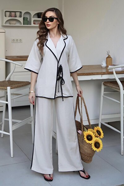 Elbee Fashion Woman Beige Piped Detail Linen Double Set