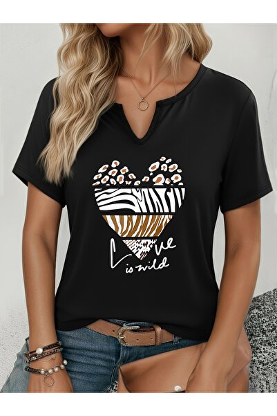 mercoledi Women's Leopard Heart Printed Half V-Neck Sleeves Regular Fit Casua...