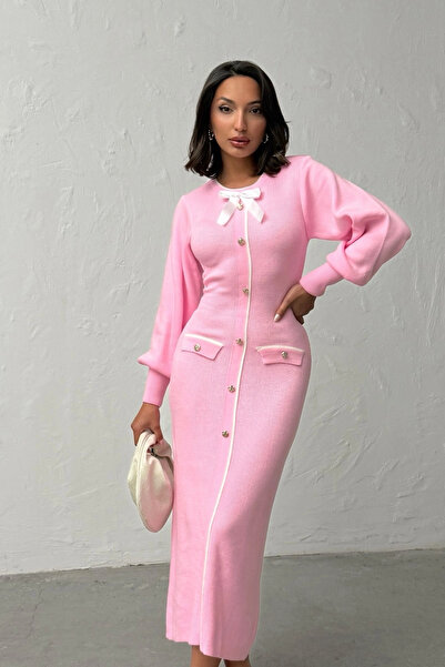 GALAVİP Women's Premium Pink Stylish Bow Detailed Balloon Sleeve Knitwear Dress