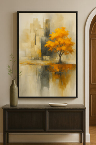 lawhat لوحة تجريدية راقية بتدرجات البيج والرمادي مع شجرة بلون برتقالي دافئ تض...